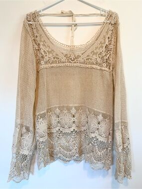 Handmade Bohemian Coastal Cowgirl Beige Lace Crochet Long-Sleeve Top